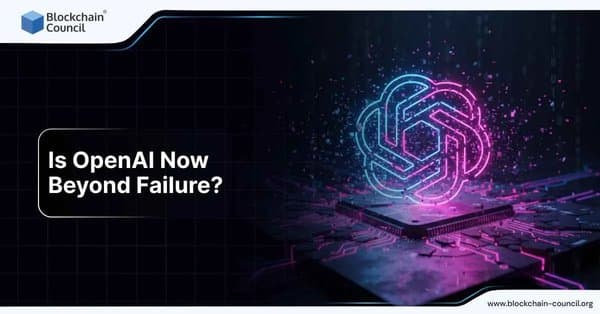 Glowing OpenAI logo emerging from a computer chip symbolizing AI resilience and dominance.