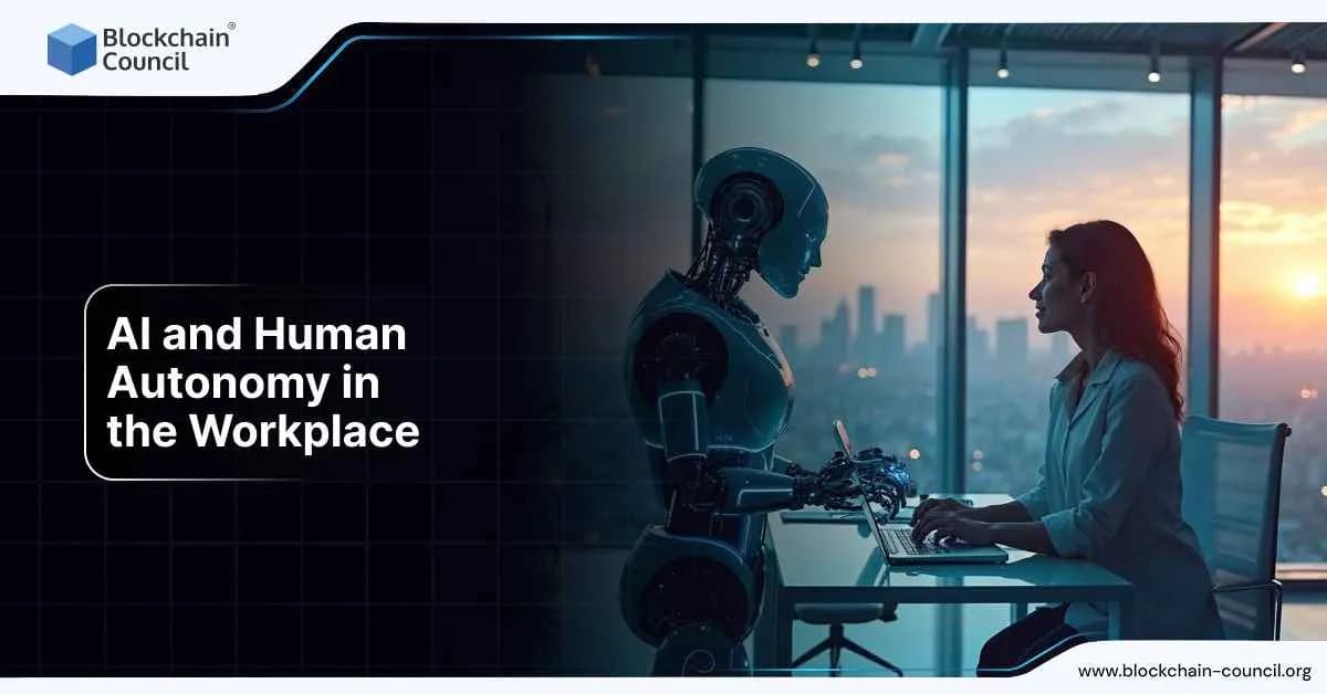 A humanoid robot collaborates with a woman at a desk in a modern office at sunset, symbolizing the balance between Artificial Intelligence and human autonomy in the workplace.