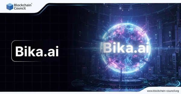Glowing digital sphere in a futuristic data center with Bika.ai text, symbolizing an advanced artificial intelligence platform.