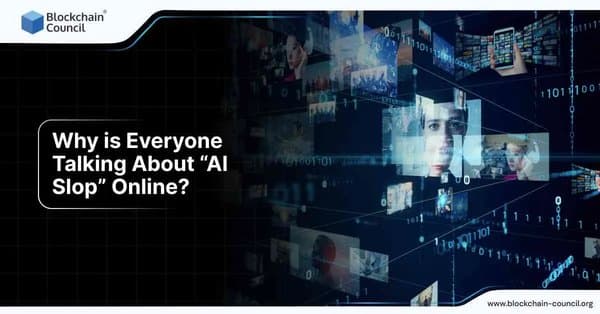 Multiple digital screens showcasing images and data, with a question on why ‘AI Slop’ is trending online, symbolizing the debate around AI-generated content.