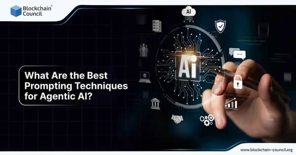A hand points to a digital AI interface surrounded by icons representing security, communication, and analytics, symbolizing effective prompting methods for Agentic AI systems.