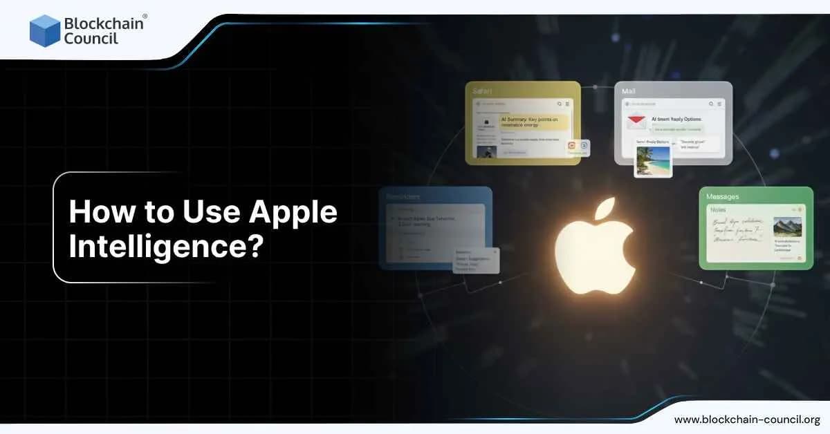 Illustration of Apple logo glowing with app windows for Safari, Mail, Reminders, and Messages showing Apple Intelligence features.