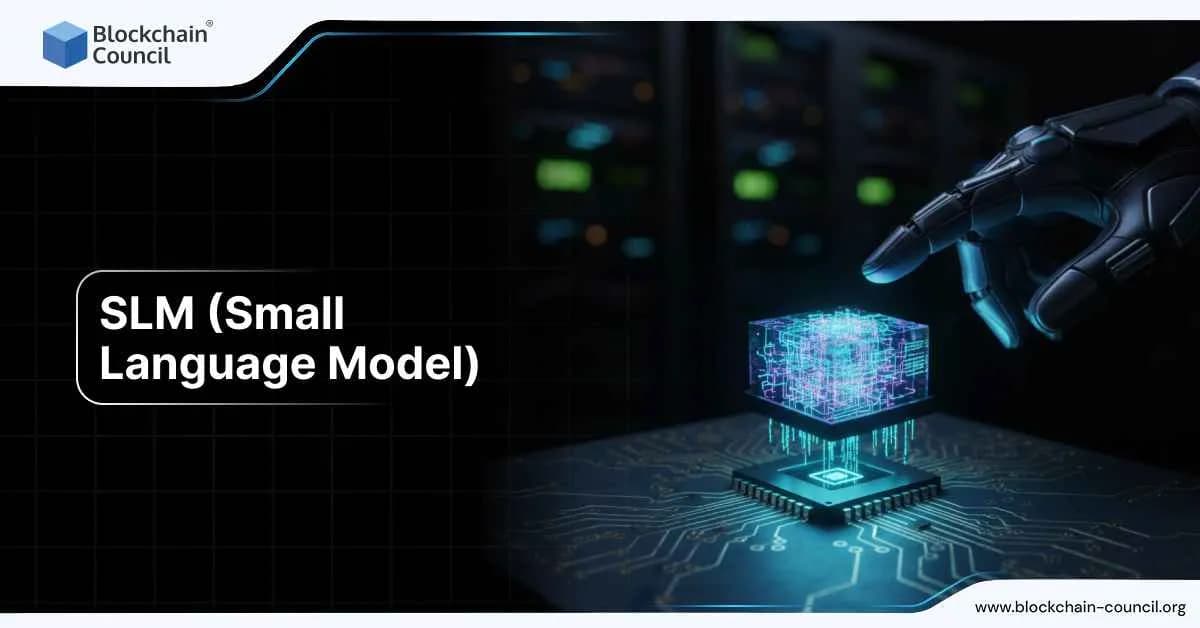 Robotic hand interacting with a glowing cube on a microchip, representing Small Language Model technology in artificial intelligence.