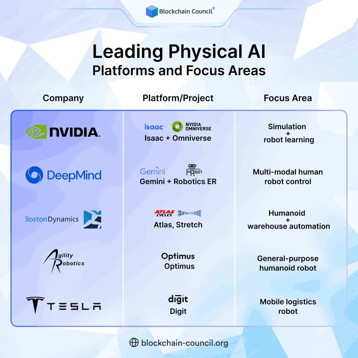 Leading Physical AI Platforms and Focus Areas