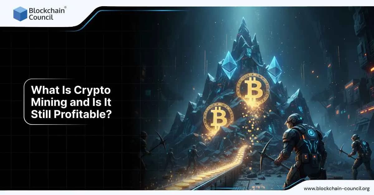 Digital miners in futuristic suits work near a glowing Bitcoin mountain emitting coins, symbolizing modern crypto mining operations and profitability questions.