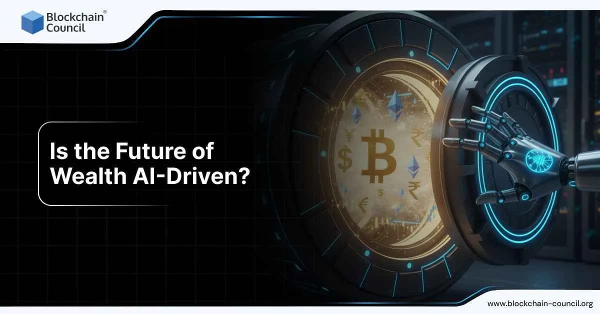 Robotic hand reaching toward a futuristic vault with Bitcoin and currency symbols, symbolizing AI’s influence on future wealth creation.