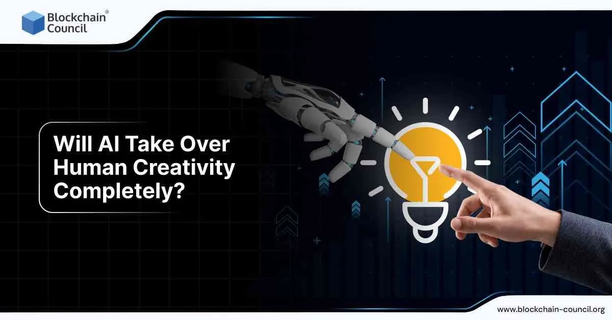 A robotic arm reaching out to a human hand, symbolizing the potential of AI taking over human creativity, with digital growth and lightbulb visuals in the background.