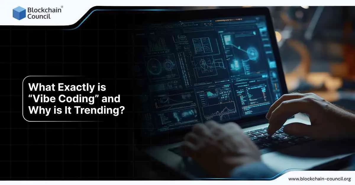 A person coding on a laptop surrounded by digital charts and data, exploring the concept of ‘Vibe Coding’ and its growing popularity in the tech world.