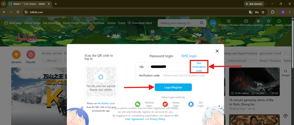Enter the SMS verification code and continue with Login/Register.