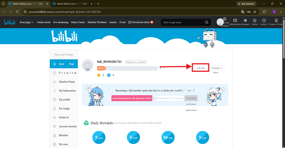The Edit data control is shown beside the account information.