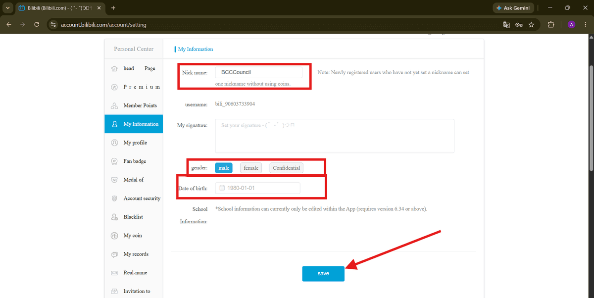 The My Information section contains basic profile fields.