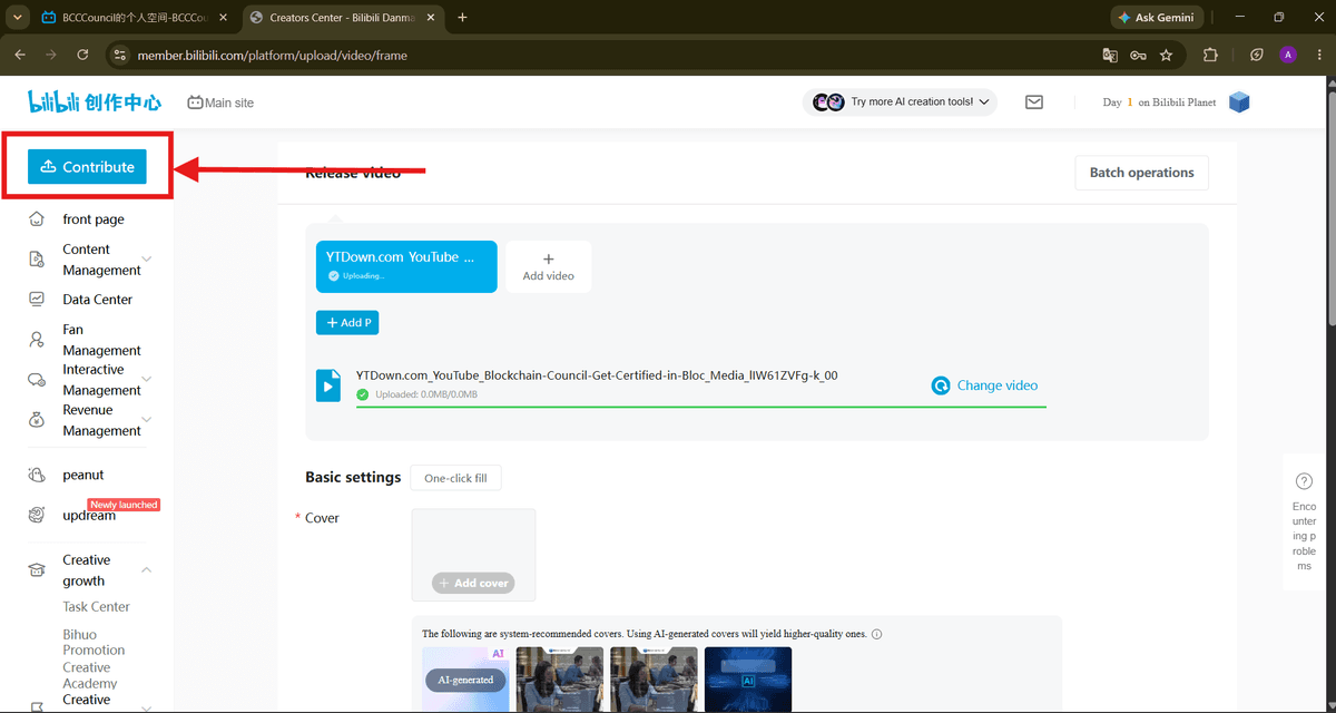 Choose Contribute/Add video and wait for the upload to finish.