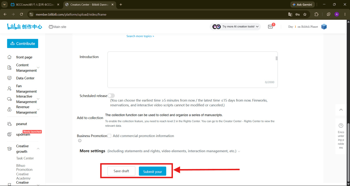 Review the video details and use the blue submit control to finish.