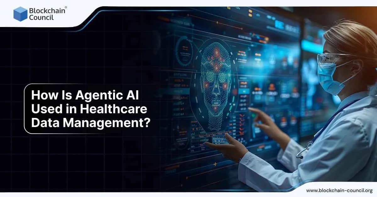 A doctor wearing a mask and medical gear interacts with a holographic patient face and complex data charts on a digital screen, representing how Agentic AI enhances healthcare data analysis and management.