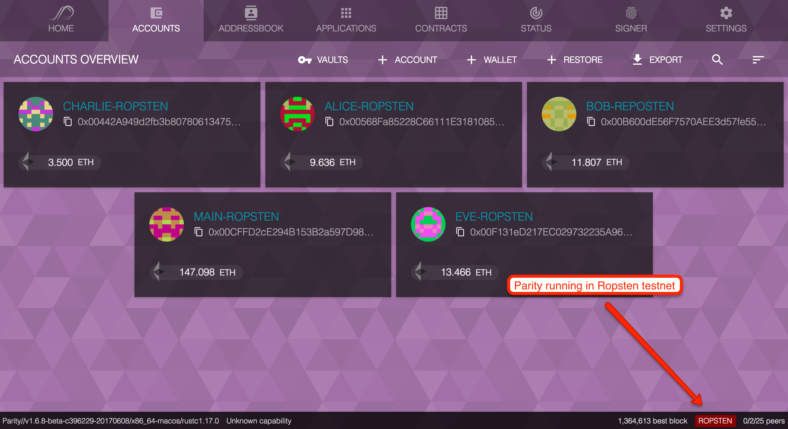 Parity interface running in ropsten testnet in ethereum client