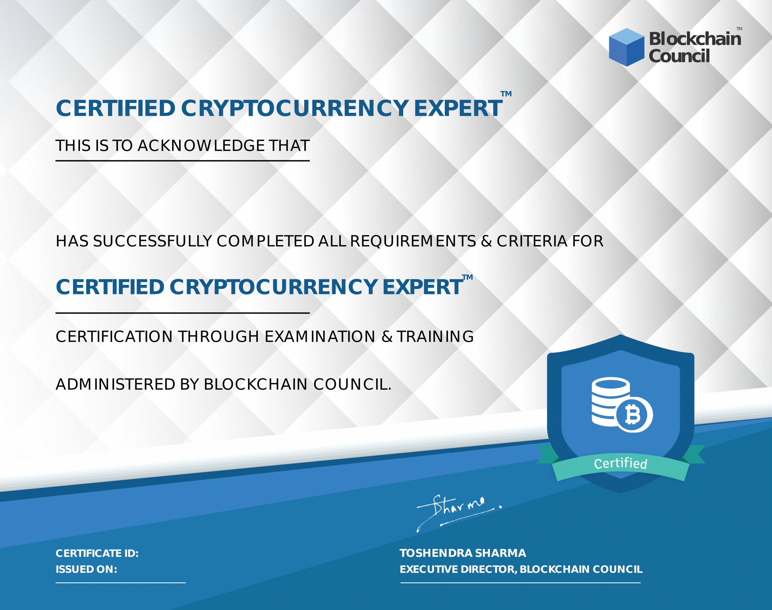 After completing this Certified Cryptocurrency Auditor™ Certification, you will master the core concepts of Blockchain and Cryptocurrencies that are commonly used across multiple industries to build decentralized applications as well as perform crypto-based forensic investigations.