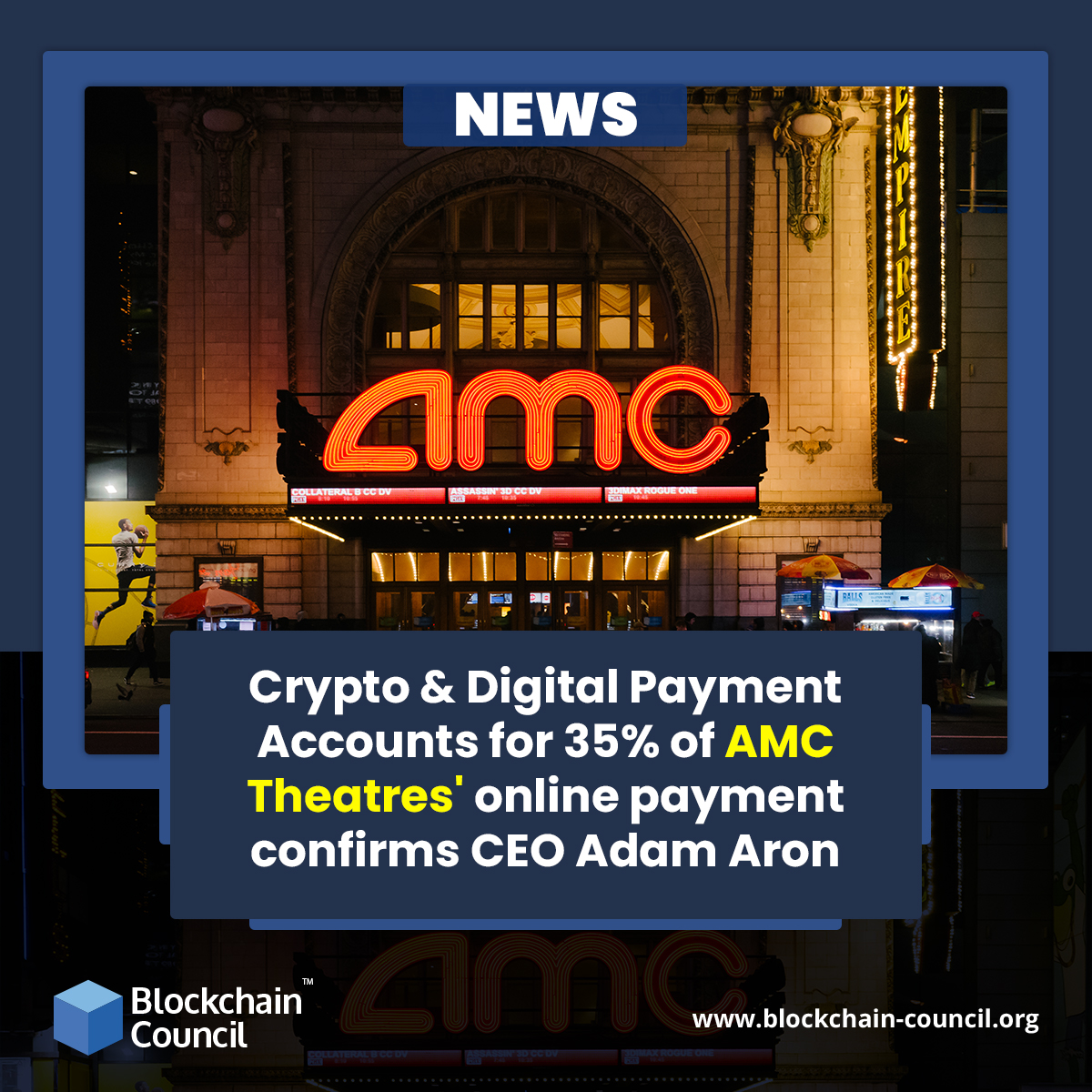 Crypto & Digital Payment Accounts for 35% of AMC Theatres' online payment confirms CEO Adam Aron