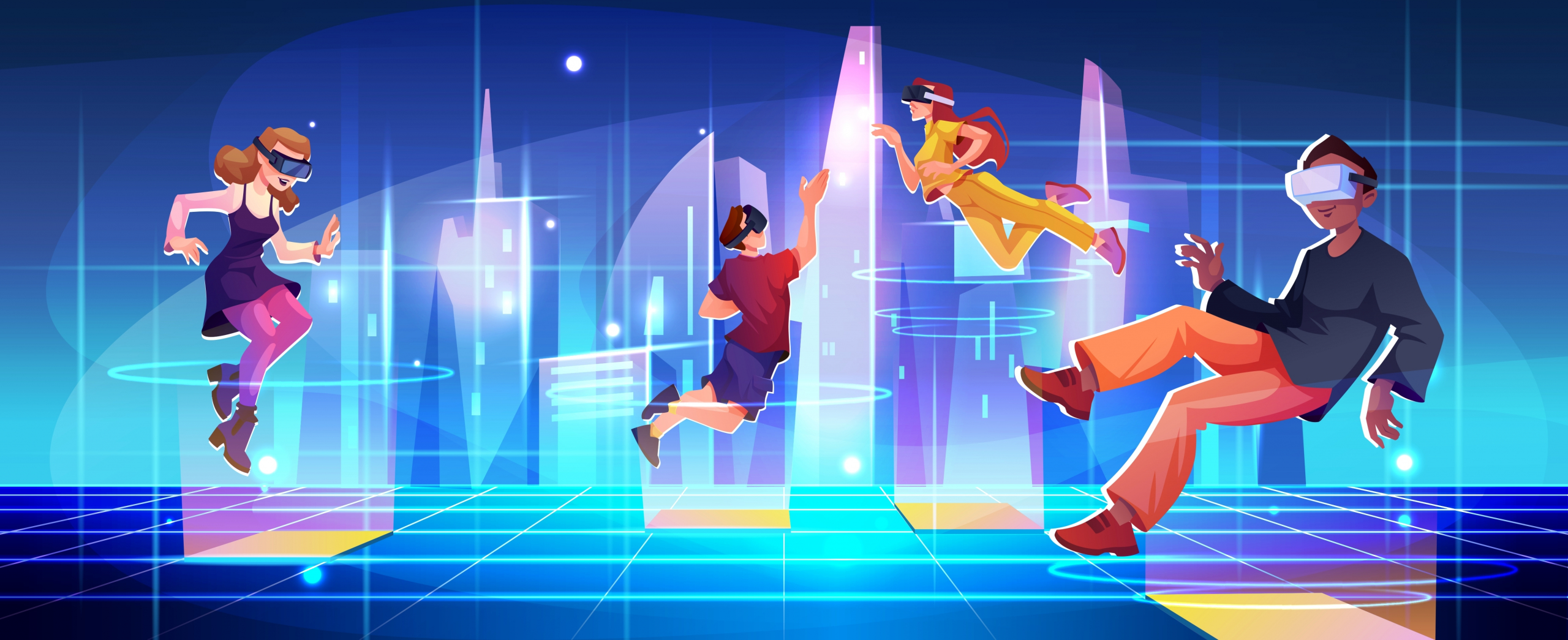 People,Wearing,Vr,Glasses,And,Floating,In,Space.,Vector,Metaverse