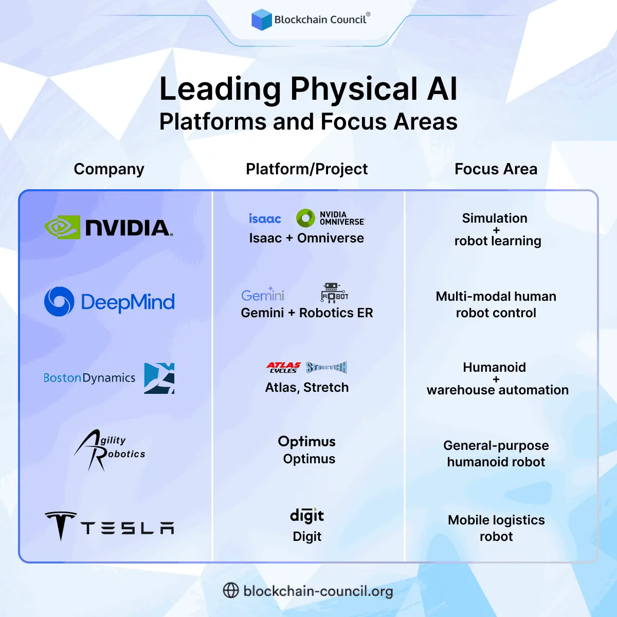 Leading Physical AI Platforms and Focus Areas
