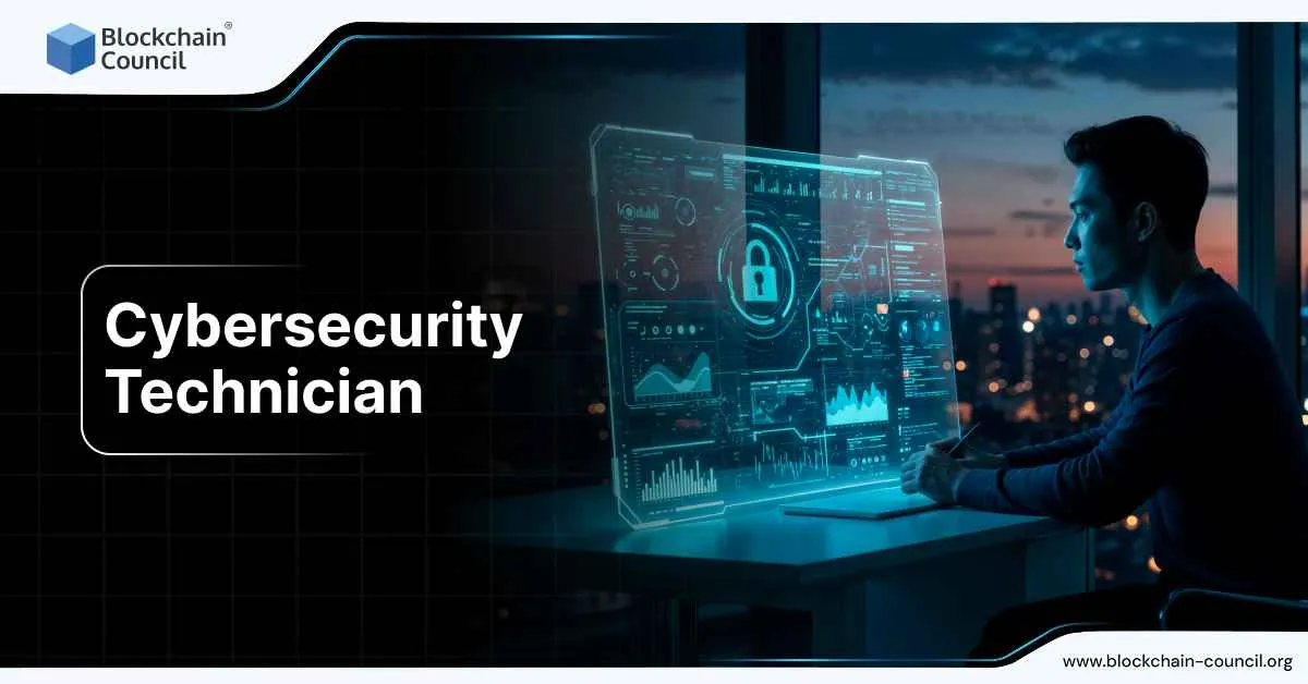 Cybersecurity technician analyzing data on futuristic digital dashboard with secure lock icon.